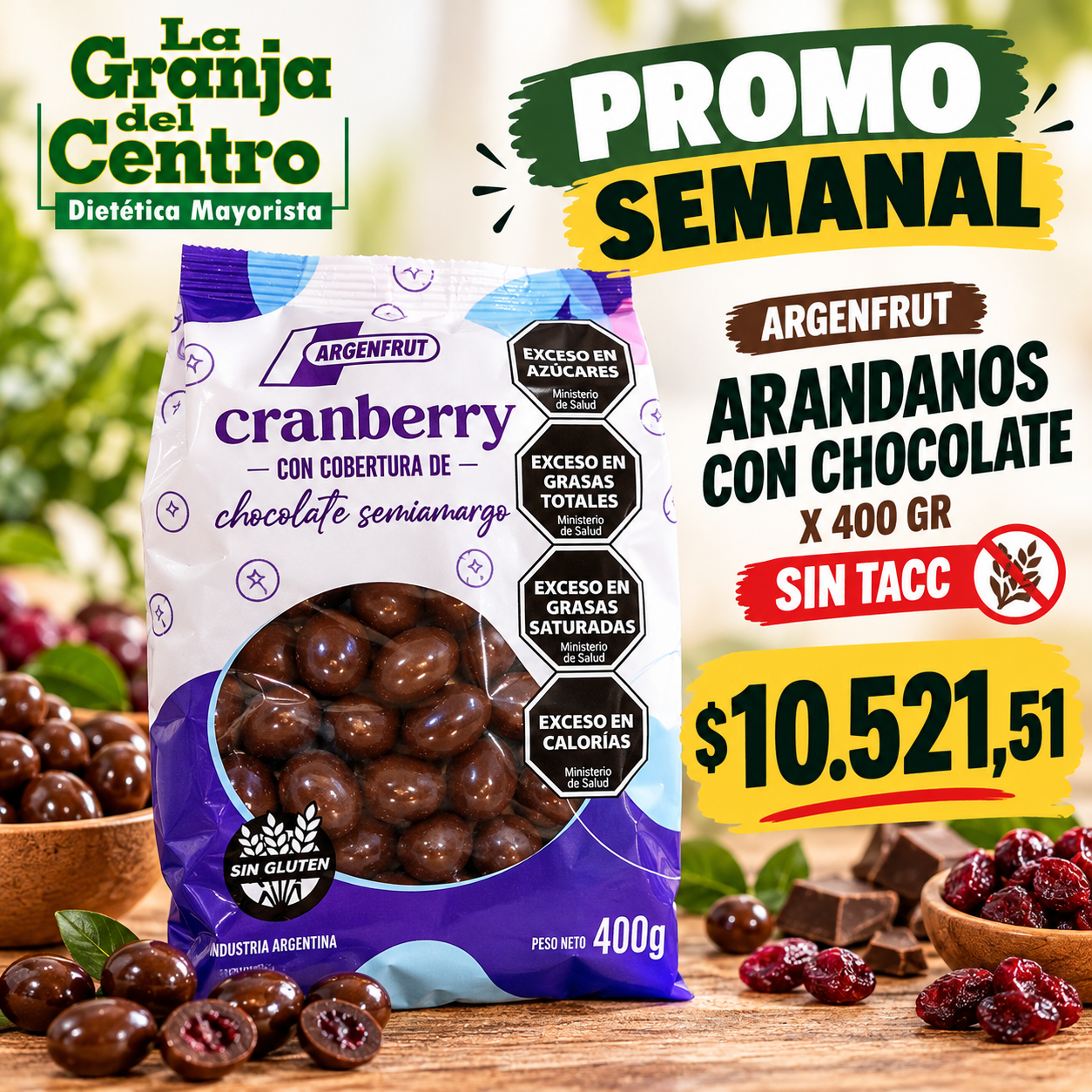 Ofertas y Promociones ARGENFRUT - ARANDANOS CON CHOCOLATE X 400 GR SIN TACC promo semanal